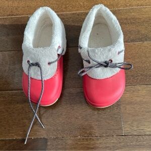 CROCS juniors Red and White Faux-Fur Moccasin Slip-Ons